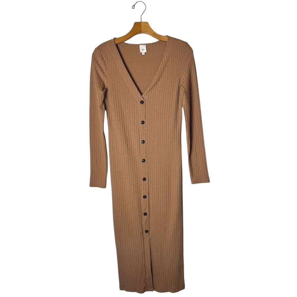 River Island Dress Women 6 Brown Ribbed Knit Long Sleeve Button Down Midi Preppy